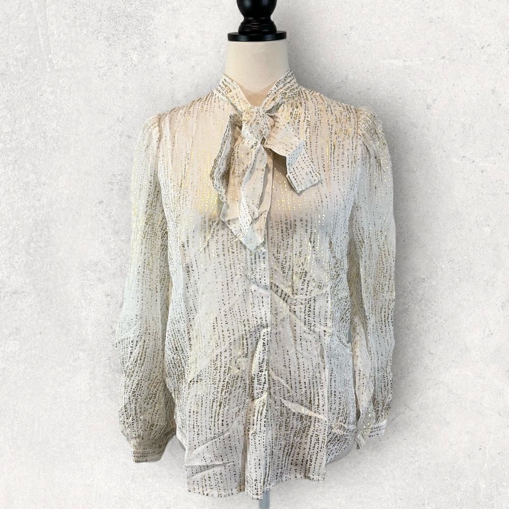 NWT 7 for all Mankind White Gold Blouse Tie Neck Button Front Size XS